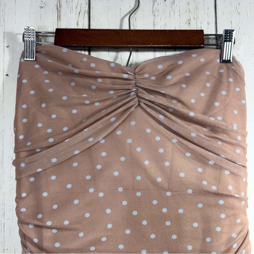 Zara Strapless Polka Dot Midi Dress Nude Beige Ruched Bodycon XL Neutral Classy - Picture 4 of 15